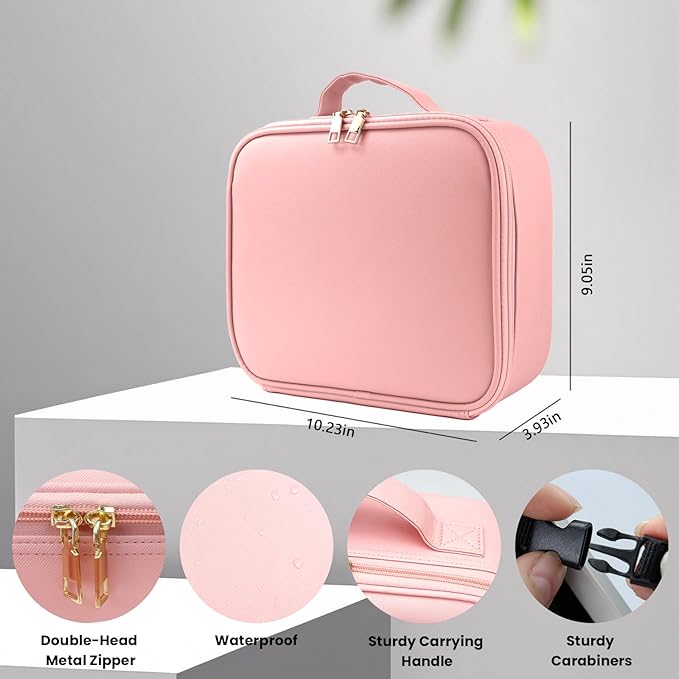 Travel Makeup Bag with LED Mirror Makeup Case with Light Up Mirror Portable Cosmetic Brush Organizer Bag with Adjustable Dividers for Cosmetics Makeup Brushes Toiletry (Pink)