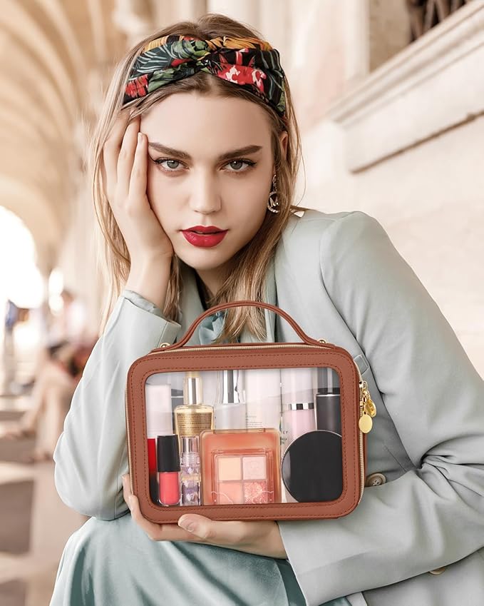 Clear Makeup Bag, Portable Travel Cosmetic Bags, Multipurpose Leather Toiletry Bag with Zipper, Waterproof Transparent Cosmetic Organizer for Women, Medium, Brown