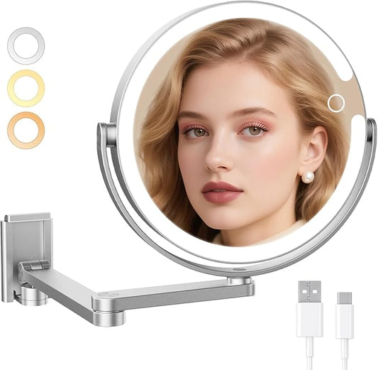 Wall Mounted Lighted Makeup Mirror - 8" Rechargeable Double Sided 20X/1X Magnifying Vanity Mirror with 3 Color Lights, Touch Dimmable, 360° Swivel & Extendable Arm for Women