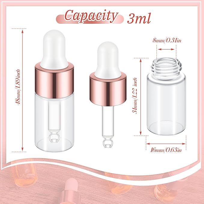 100 Pcs Mini Glass Oil Dropper Bottle Bulk, Clear Essential Small Empty Bottles Sample Containers Perfume Liquid Vials with Cap for Traveling (3 ml,Rose Gold)