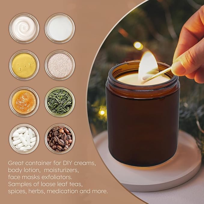 12 Pack 8 oz Round Amber Glass Cosmetic Jars with Black Lids, Spatula, Chalk Labels, Pen, Candle Holder, Refillable Containers for Makeup, Cream, Sugar Scrubs, Bath Salts