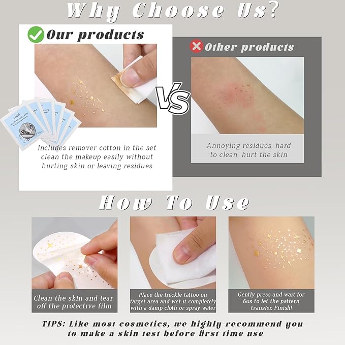 8 pcs Gold Glitter Freckles Face Tattoo, Waterproof Sparkle Face Glitter Speckles Patches for Women, Cute Star Glow up Glitter Temporary Tattoo Makeup Accessories for Festival Rave