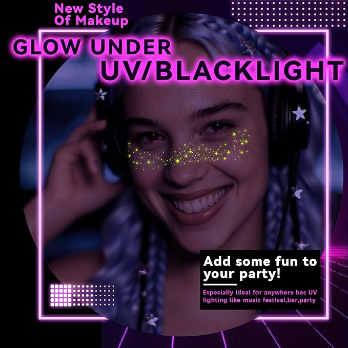 6pcs Rainbow Freckles Face Tattoo Sticker Glow under UV Light Blacklight in the Dark, Neon Fluorescent Glitter Colorful Star Fake Faux Freckle Temporary Patches Makeup for Party Supplies #01