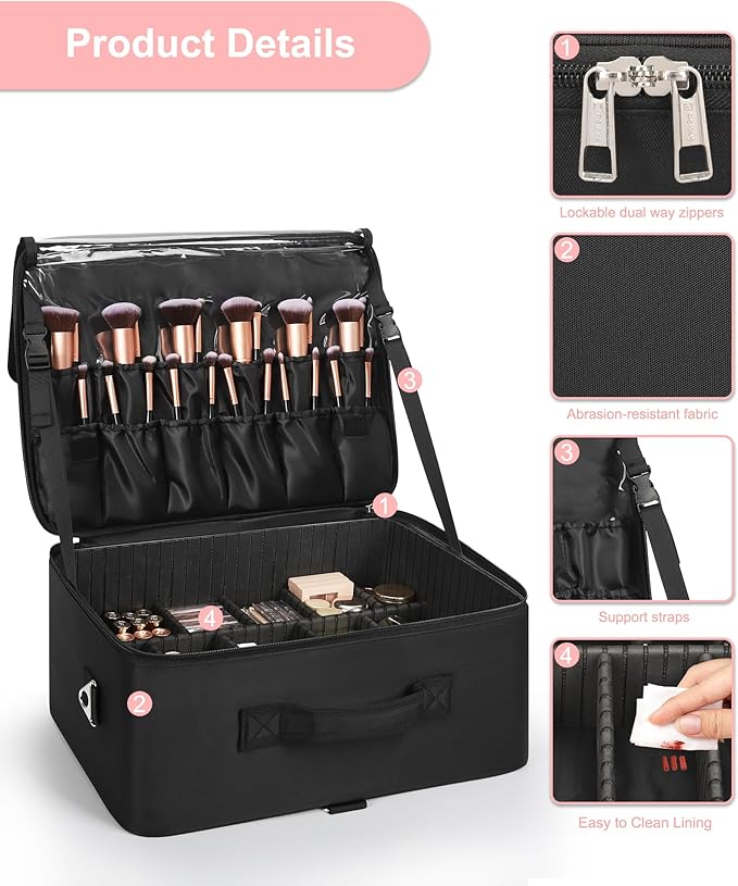 Relavel Extra Large Makeup Case Professional Cosmetic Storage Organizer Box Brush Holder with 4 Clear Set Bags & Lipstick Plate for Makeup Artists with Shoulder Strap & Adjustable Dividers