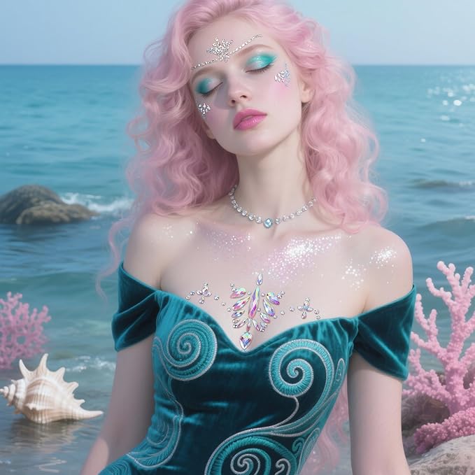 Wehhbtye 6 Pcs Mermaid Glitter Face and Chest Gems, Rhinestone Chest Jewels Face Sticker with Body Glitter, Festival Rave Body Crystal Tattoo for Halloween Costume Themd Party Makeup