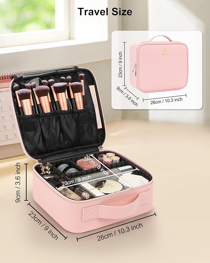 Relavel Travel Makeup Train Case Cosmetic Case Organizer Portable Artist Storage Bag with Adjustable Dividers for Cosmetics Makeup Brushes Toiletry Jewelry Digital Accessories (Pink)