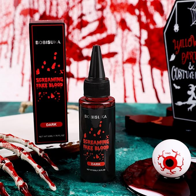 BOBISUKA Halloween Fake Blood, Dark Fake Blood 1.76oz, Realistic Washable Liquid Dripping Fake Blood Makeup Kit for Halloween, SFX Makeup, Cosplay Party, Stage, Horror Film