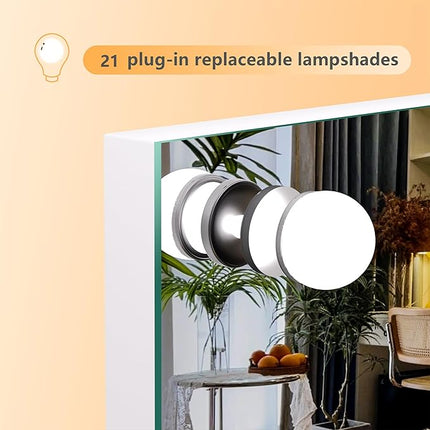 Hasipu Vanity Mirror with Lights, 40" x 29" Hollywood Mirror with 21 Dimmable Bulbs and 10X Magnification, 3 Colors Modes, Touch Control, USB Charging Port, Type-C, Tempered Glass (Square White)