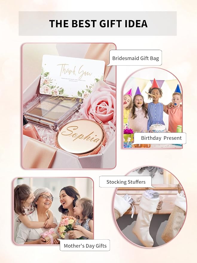 Compact Mirror Bulk, Set of 2 Double-Sided 1X/2X Magnifying Purse Pocket Makeup Mirrors(Round, Rose Gold)