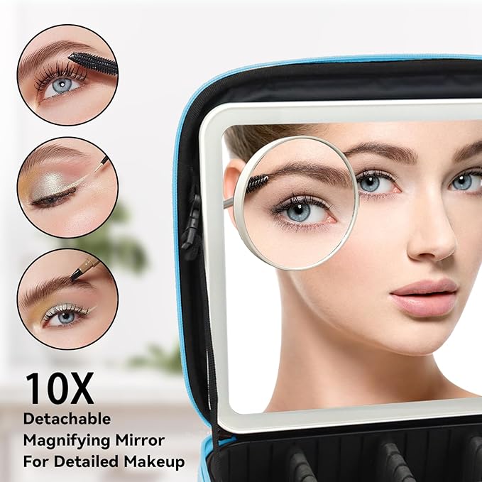 Travel Makeup Bag with LED Mirror and 10x magnifying glass with 3 Lighted Settings, Adjustable Dividers and Makeup Brush Storage Bag Blue