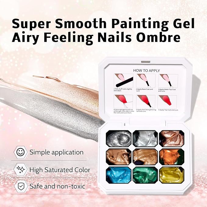Sponge Pat Paint Nail Gel, 9 Colors Ombre Nails Gradient Gel Nail Blush Blooming Aura Nails Drawing Stripper Floral Painting Nail Art, No Wipe, UV/LED Curing (9 Colors M)