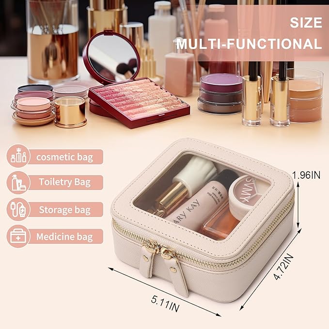 Pinkmik Small Makeup Bag Mini Clear Cosmetic Makeup Case & Toiletry Bag with Zipper Women's Purse Organizer & Car Essentials (Beige, MINI)