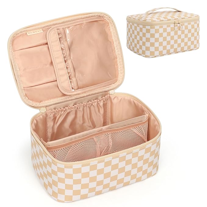 OCHEAL Makeup Bag,Travel Makeup Organizer Case, Large Capacity Cosmetic Bags for Wome Travel Toiletry Bag for Girls Traveling With Brush Slot And Divider-Plaid Beige