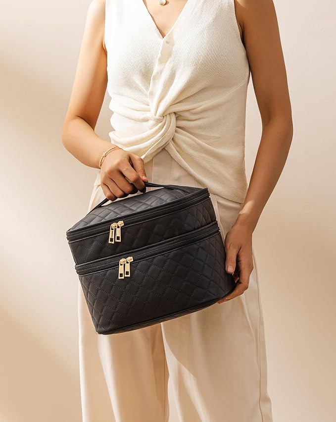 Makeup Bag for Women X-Large Travel Makeup Bag Organizer Portable Toiletry Bag Cute Makeup Bags Waterproof Leather Cosmetic Bag Makeup Case with Removable Dividers, Lattice Black