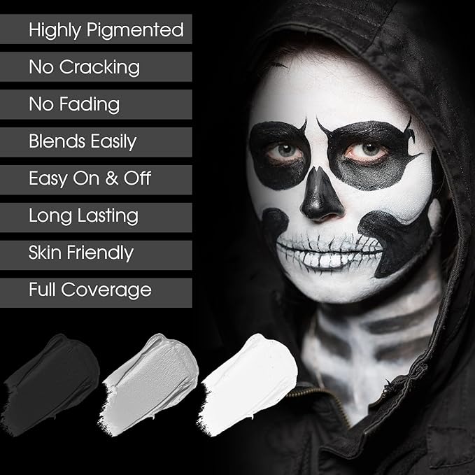 BAD COLOR 3PCS Black White Grey Face Body Paint Stick Makeup for Skull Skeleton Goth Mime SFX Cosplay & Dress Up, Full-Coverage Halloween Facepaint Makeup Kit