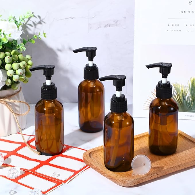 Tanlade 12 Pcs Glass Pump Bottle Dispenser 4 oz Travel Bottles with Pump Refillable Glass Containers for Toiletries Lotion Liquid Soap Shampoo Essential Oils Cosmetic Travel Accessories(Amber)