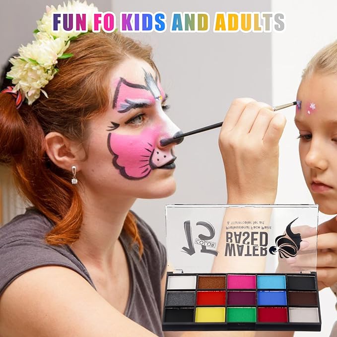 Face Painting Kit for Kids Adults, Water Activated Body Face Paint, 15 Colors Water Based Facepaints Fx Makeup Palette ,Non Toxic Hypoallergenic Safe Facepaint for Halloween Party Birthday Cosplay