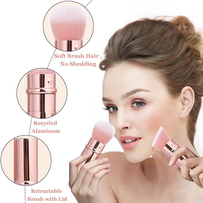 Retractable Makeup Brush 2 Pack, Travel Kabuki Powder Makeup Brush, Foundation Face Blush Brushes for Blending Liquid, Blush, Bronzer, Buffing, Sunscreen,Flawless Cosmetics