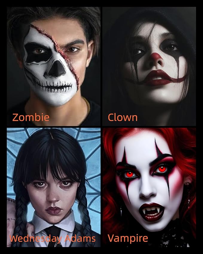 Halloween Zombie Makeup Kit, Fiestajaja Black White Red Face Paint Body Painting Kit with Brushes Sponges Tattoo Stikers for Halloween Zombie Makeup, Cosplay, SFX Effect, Theme Parties (13PCS)