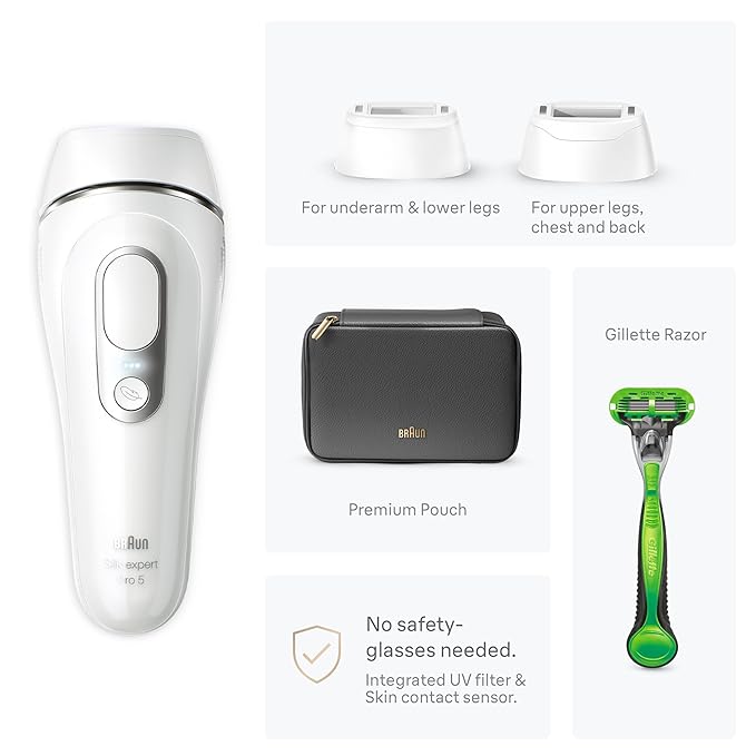 Braun Smart IPL, Silk·Expert Pro 5: at Home Laser Hair Removal Device for Men & Women, Permanent Visible Hair Reduction in Hair Regrowth for Body, w/Razor, Pouch, and Wide Cap Head, IPL5145