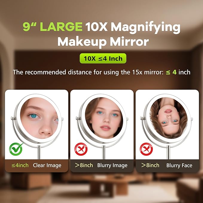 M MIVONDA Makeup Mirror with Lights, Lighted Makeup Mirror with 1X/10X Magnifications, 9 Inch Double Sided Light up Mirror with 360° Rotation