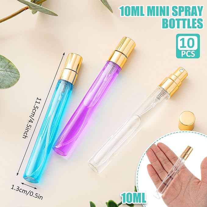Zhehao 100 Pcs Mini Spray Bottles 10 ml Clear Glass Perfume Bottles Refillable Fine Mist Perfume Atomizer Portable Empty Sample Containers for Cleaning, Essential Oils, Travel (Gold Cap)