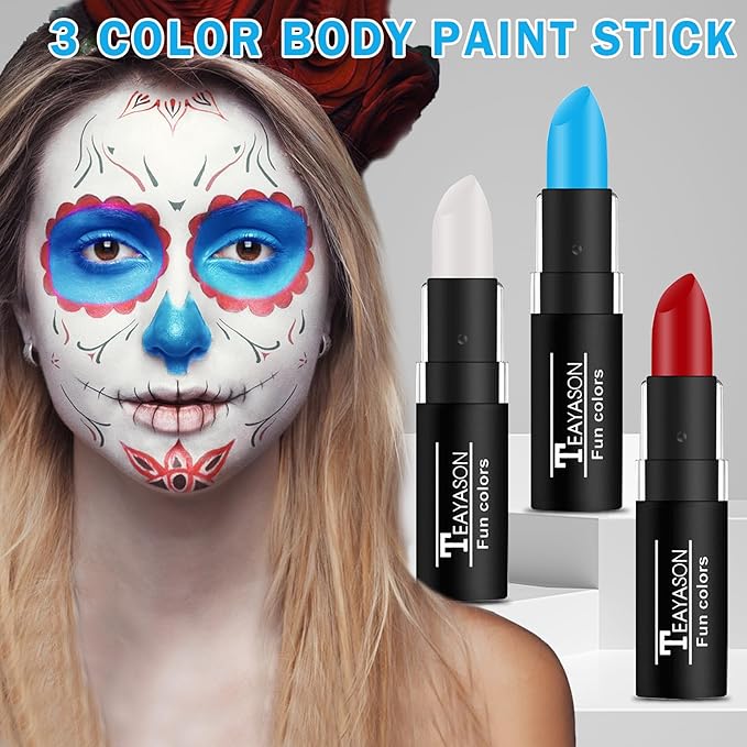 Red White and Blue Face Paint Sticks Professional Eye Black Baseball Football Softball,Cream Blendable Body Paint for Halloween Zombie Vampire Makeup（Blue/White/Red Face Paint Sticks)