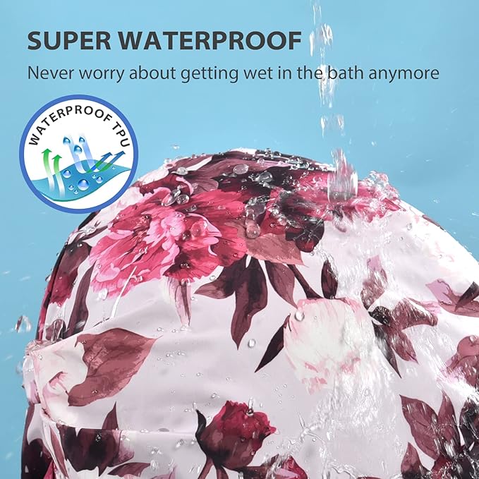 INNELO Luxury Shower Cap for Women Reusable Waterproof, Double Layered Shower Hair Cap with Adjustable Elastic Strap, Large Satin Lined Shower Bath Cap for Long Curly Straight Hair, Pink-Flower
