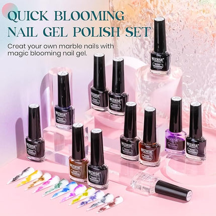 MIZHSE Marble Nail Polish, Marble Ink for Nails Gel Blooming Gel Nails Polish 12 Colors Nail Ink Magic Watercolor Pink Blue Purple Blossom Gels for Manicure Varnish Art Flower Design