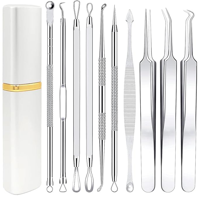 Pimple Popper Tool Kit - Boxoyx 10 Pcs Blackhead Remover Comedone Extractor Kit with Metal Case for Quick and Easy Removal of Pimples, Blackheads, Zit Removing, Forehead,Facial and Nose(All Silver)