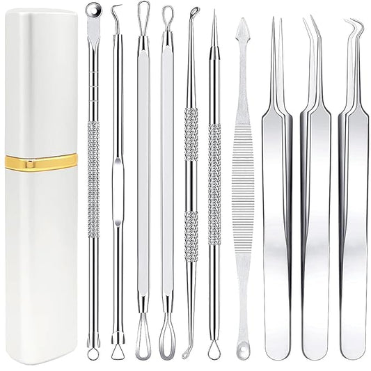 Pimple Popper Tool Kit - Boxoyx 10 Pcs Blackhead Remover Comedone Extractor Kit with Metal Case for Quick and Easy Removal of Pimples, Blackheads, Zit Removing, Forehead,Facial and Nose(All Silver)