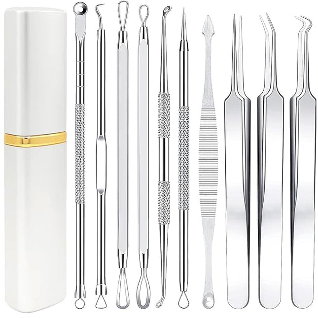 Pimple Popper Tool Kit - Boxoyx 10 Pcs Blackhead Remover Comedone Extractor Kit with Metal Case for Quick and Easy Removal of Pimples, Blackheads, Zit Removing, Forehead,Facial and Nose(All Silver)