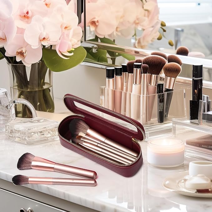 Pinkmik Travel Clear Makeup Bag with Brush Bag Portable Cosmetic Bag Case Transparent Toiletry Bag Cosmetic Organizer Storage Bag for Women (X/Burgundy, L+SLIM)