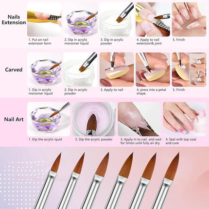 Acrylic Nail Brush Dappen Dish Set - 6Pcs Acrylic Nail Brush and 2Pcs Crystal Dappen Dish with Lid for Acrylics Nails, Monomer Dishs Nail Glass Cup Nail Art Brushs Set for Acrylics Nails Liquid Powder