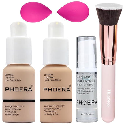 PHOERA Foundation, Full Coverage Foundation, PHOERA Primer, PHOERA Makeup Set, Flat Top Kabuki Makeup Brushes Foundation Brush Powder Brush,2 Pcs Makeup Sponge (102 Nude + 104 Buff Beige)