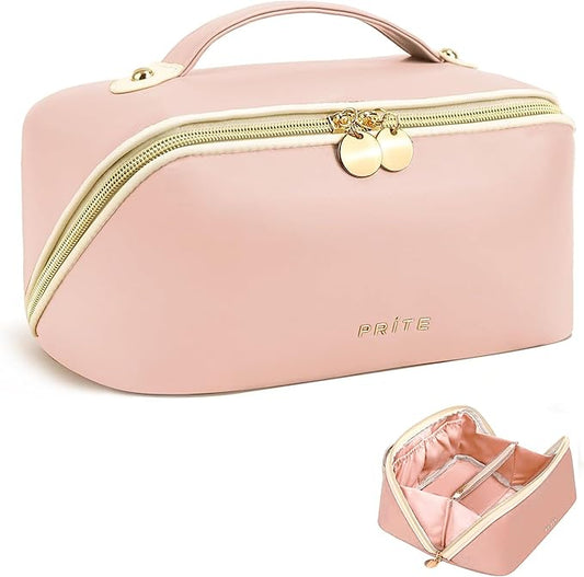 Prite Makeup Bag for Women Travel Waterproof Vegan Leather Cosmetic Bag Open Flat Toiletry Bag With Clear Divider and Handle (Pink)