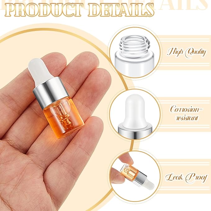 100 Pcs Mini Glass Oil Dropper Bottle Bulk, Clear Essential Small Empty Bottles Sample Containers Perfume Liquid Vials with Cap for Traveling (2 ml,Silver)
