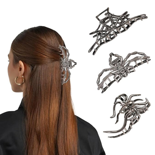 3 Pcs Halloween Hair Claw Clips Hair Accessories for Women Girls, Gothic Black Metal Spider Large Medium Size Catch Clips for thick Hair Styling Tool Holiday Gifts(Black Gun)