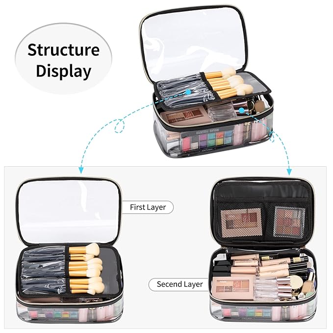 OCHEAL Clear Makeup Bag, Portable Cosmetic Organize,Travel Makeup Bag Cute Clear Pouch For Women and Girls Cosmetics Bags with Divider Makeup Brush Compartment-Large