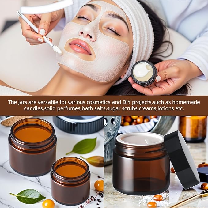 50Pcs(25×4oz + 25×2oz)Amber Glass Jars with Glossy Black & White Inner Lid Liners Airtight Small Glass Containers for Spices Candles Ointments DIY Crafts Travel Toiletries (4oz & 2oz Bundle)