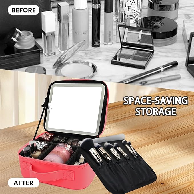 Travel Makeup Bag with LED Mirror and Light Makeup Travel Bag Organizer Portable Cosmetic Brush Organizer Bag with Adjustable Dividers for Cosmetics Makeup Brushes Toiletry (Light Red)