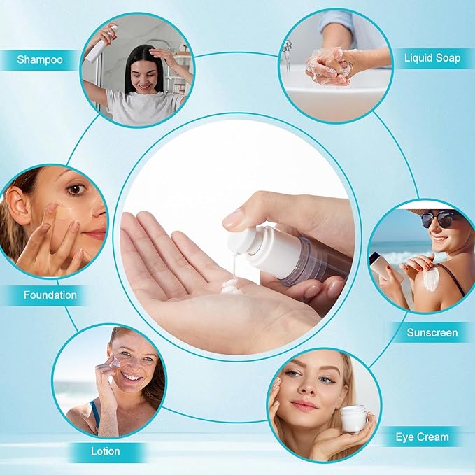 Meanplan 32 Pack Airless Pump Jars Set 3.4/1.7/1/0.34oz Refillable Travel Cosmetic Container Mini Leak Proof Atomizer Spray Bottle Skincare Dispenser for Toiletry, Cream Lotion, Foundation, Shampoo