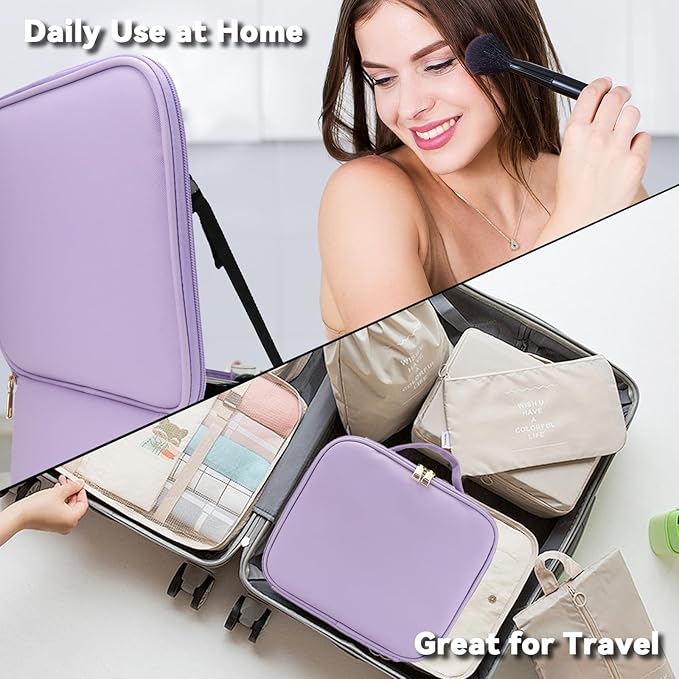 Travel Makeup Bag with LED Mirror and 10x magnifying glass with 3 Lighted Settings, Adjustable Dividers and Makeup Brush Storage Bag Purple