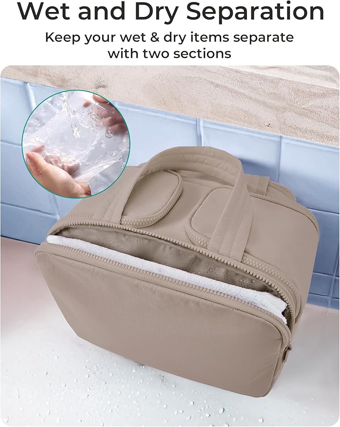 BAGSMART Travel Toiletry Bag, Lightweight Large Wide-open Travel Bag for Women, Puffy Cosmetic Makeup Bag Organizer with Handle for Accessories,Essentials, Toiletries, Grayish Brown