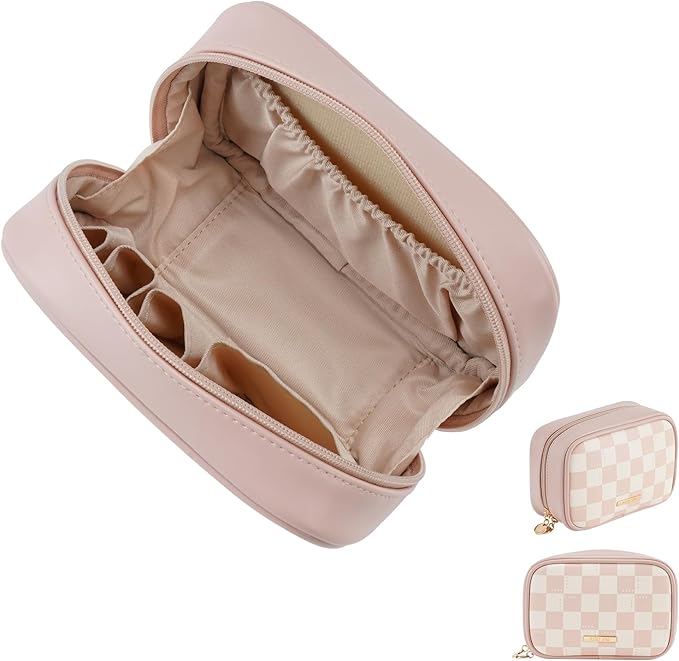 RIGHT AWAY Checkered Makeup Bag for Purse,Small Cosmetic Bag Organizer for Women, Travel Make Up Pouch Waterproof Toiletry Bag Cute Makeup Case for Travel Accessories(Pink Checkerboard)
