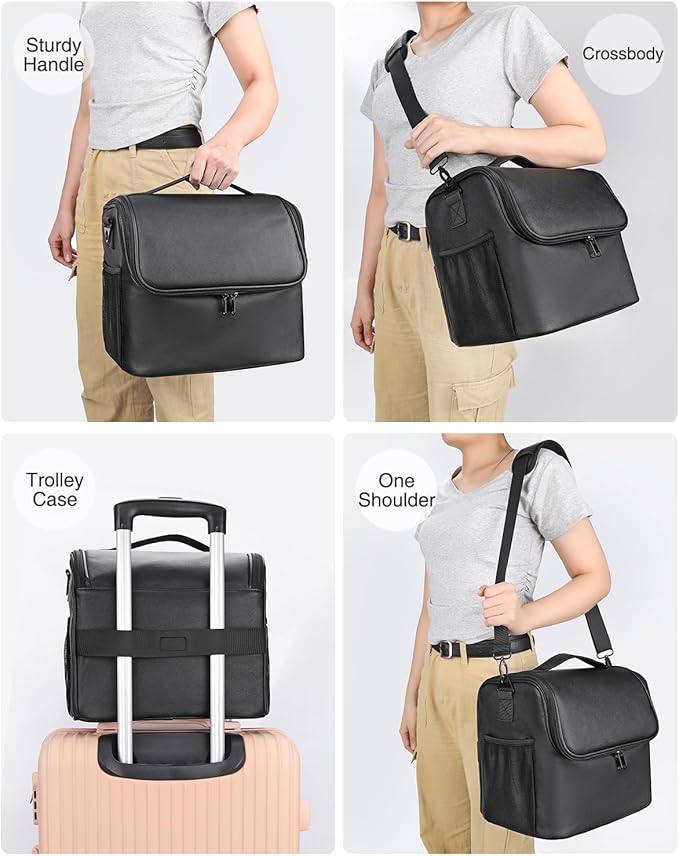 Travel Makeup Case with 4 Small Bag, Professional Makeup Artist Bag Tattoo Case PU Leather Makeup Organizer Box with Adjustable Dividers and Shoulder Strap (Medium, Black)