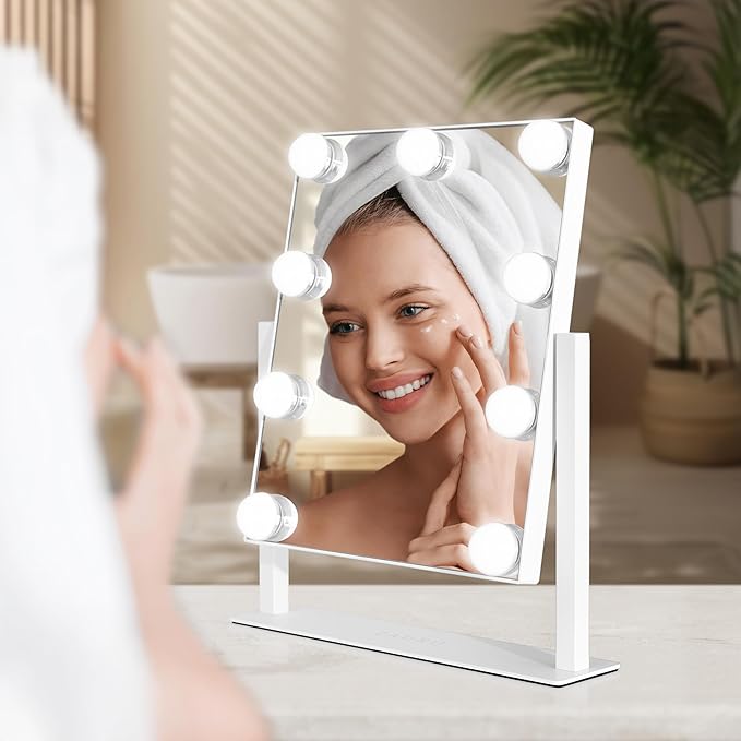 Zadro Hollywood Lighted Vanity Mirror with 9 LED Bulbs, 3 Color Light Settings, 360° Rotation Makeup Mirror Head (14" H x 12" W | 1X | White)