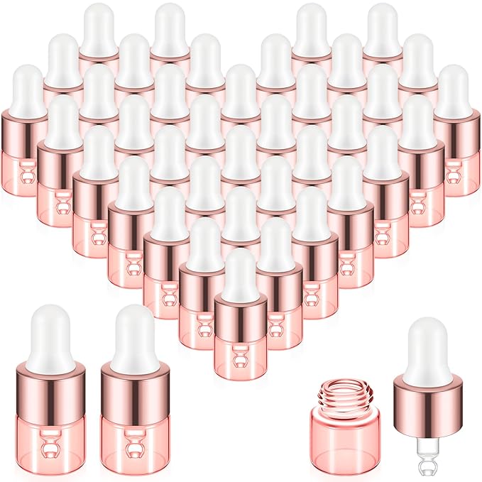 100 Pcs Mini Glass Oil Dropper Bottle Bulk, Clear Essential Small Empty Bottles Sample Containers Perfume Liquid Vials with Cap for Traveling (1 ml,Pink Body)