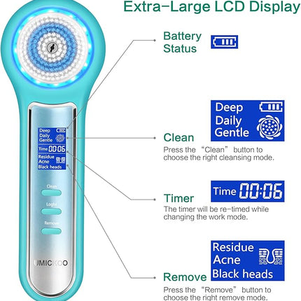 Face Scrubber Exfoliator,Facial Cleansing Brush Waterproof with LCD Screen,Blackhead Remover Vacuum with 5 Brush Heads,Face Spin Brush for Exfoliating (Blue-Blue)