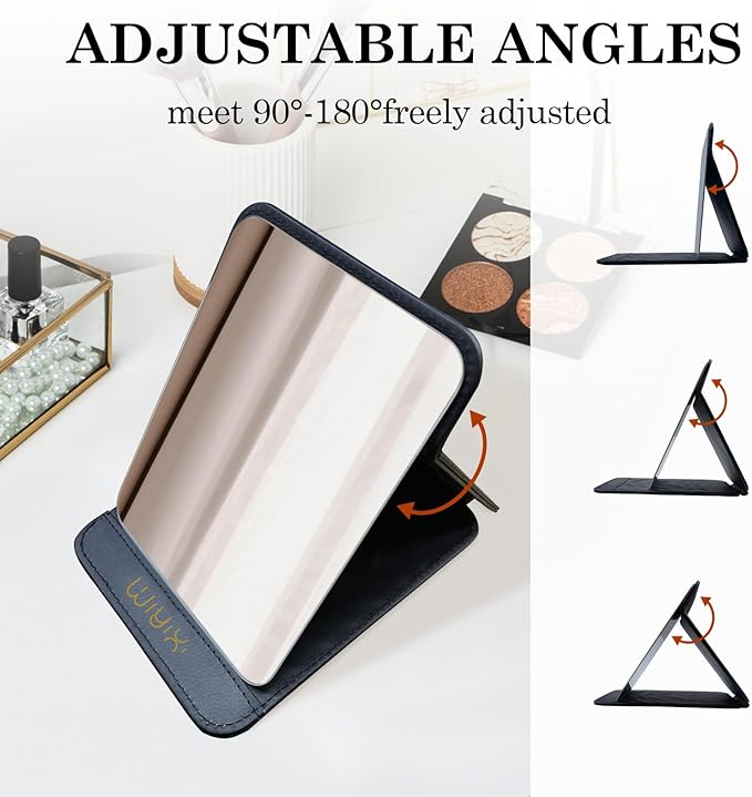 Foldable Travel Makeup Mirror, Adjustable Angle Portable Standing Vanity Mirror, Compact PU Leather Design for Home/Camping/Desktop Use,Classic Black (8.4"x6")